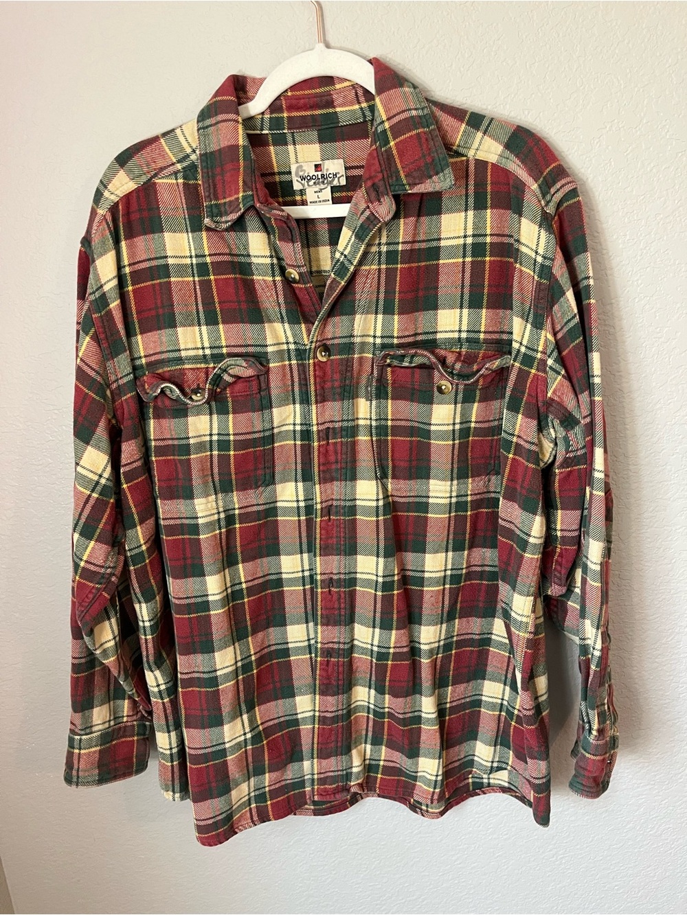 Woolrich 6265 Men’s L Red Green Plaid Flannel Shirt 100% Cotton Outdoor Hiking - Picture 1 of 10